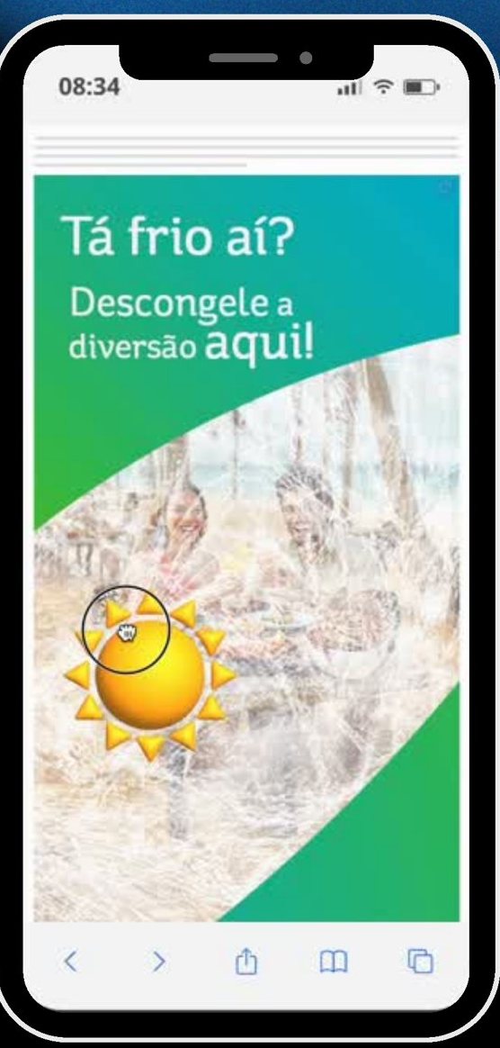 Anúncio Rich Media do Beach Park no celular com a mensagem Tá frio aí? Descongele a diversão