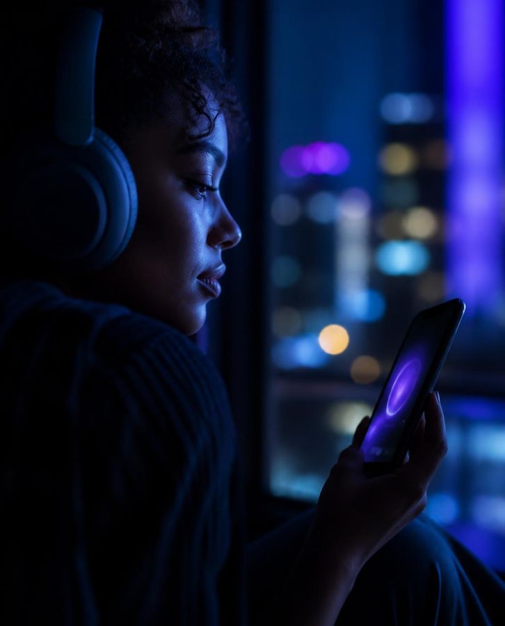 Pessoa ouvindo podcast no celular à noite
